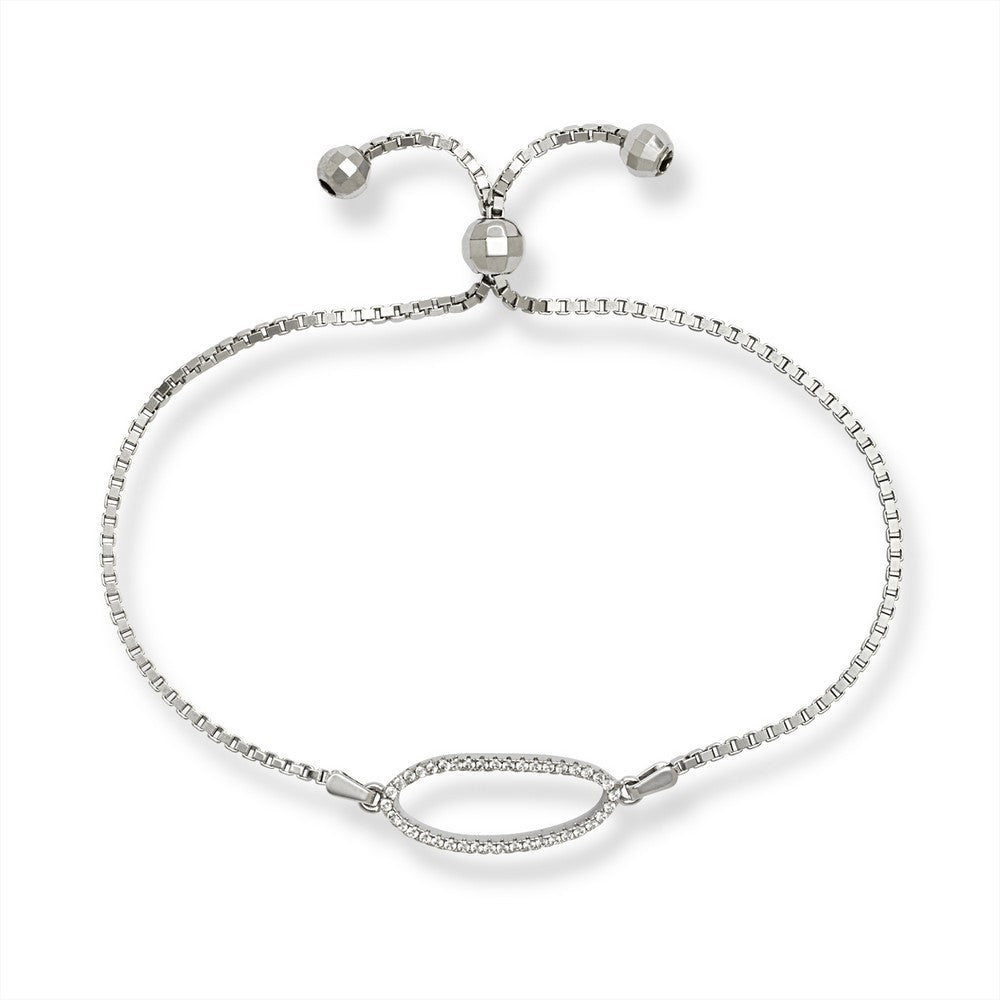 Sterling Silver Box Chain with Center Open CZ Oval with Beads Adjustable Bolo Bracelet