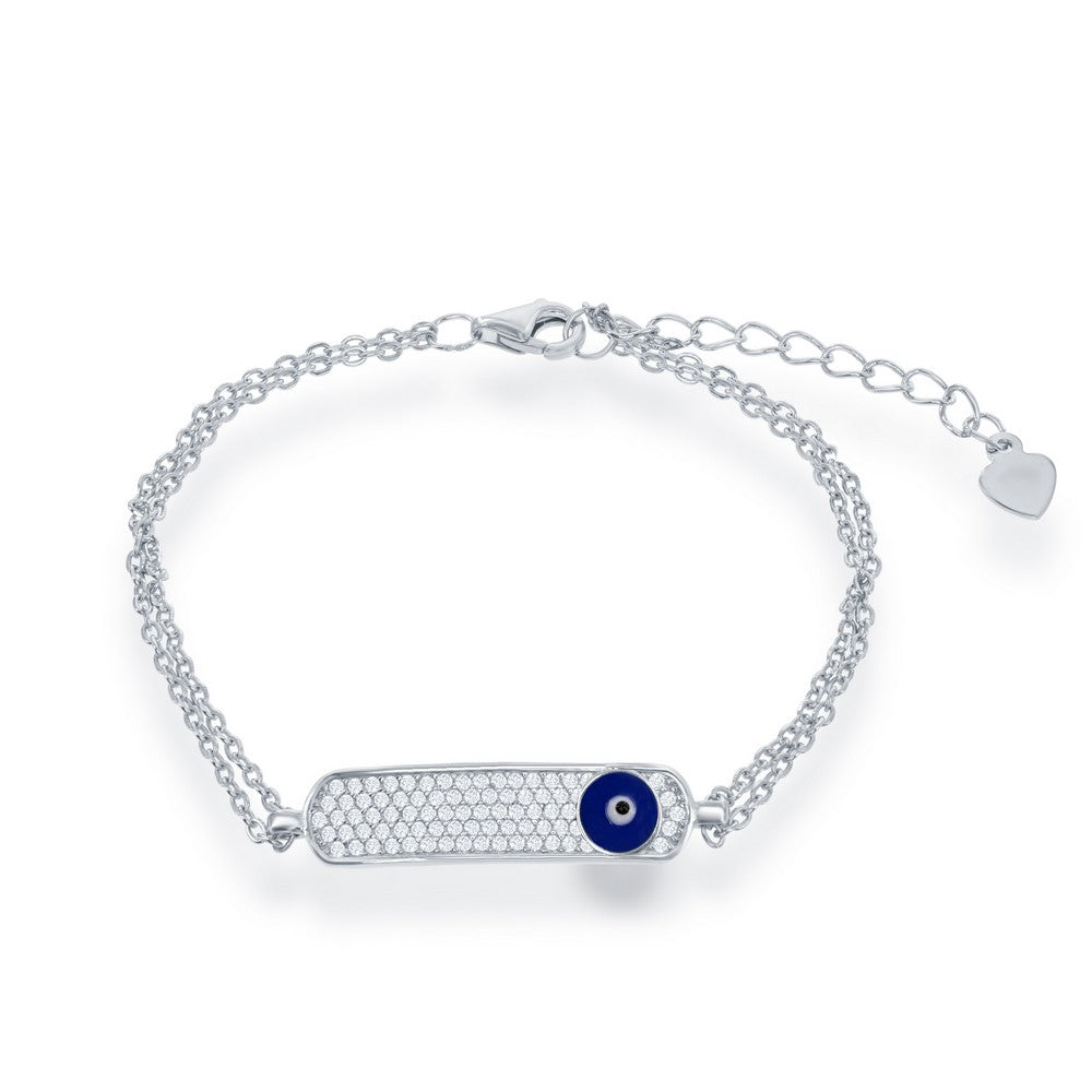 Sterling Silver Double Strand Micro Pave with Navy Evil Eye ID Bracelet