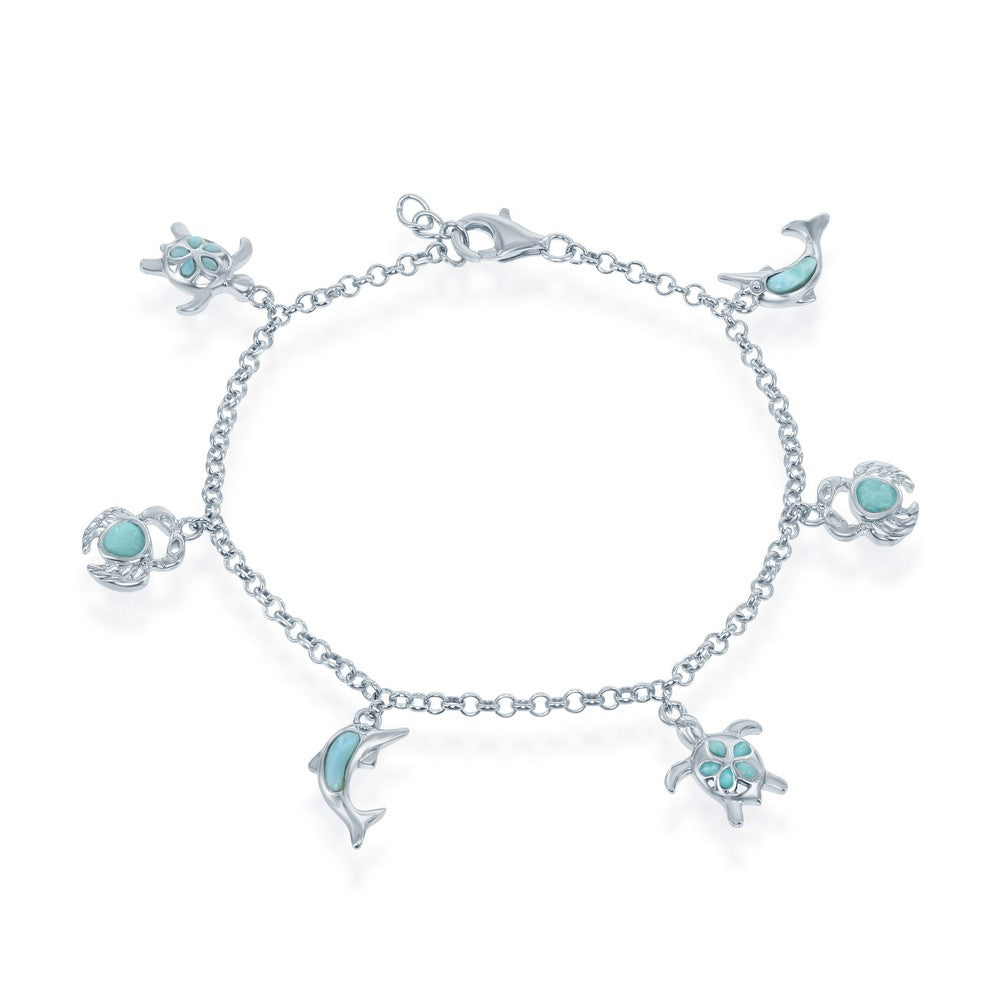 Sterling Silver Larimar Turtle, Crab and Dolphin Charms Bracelet
