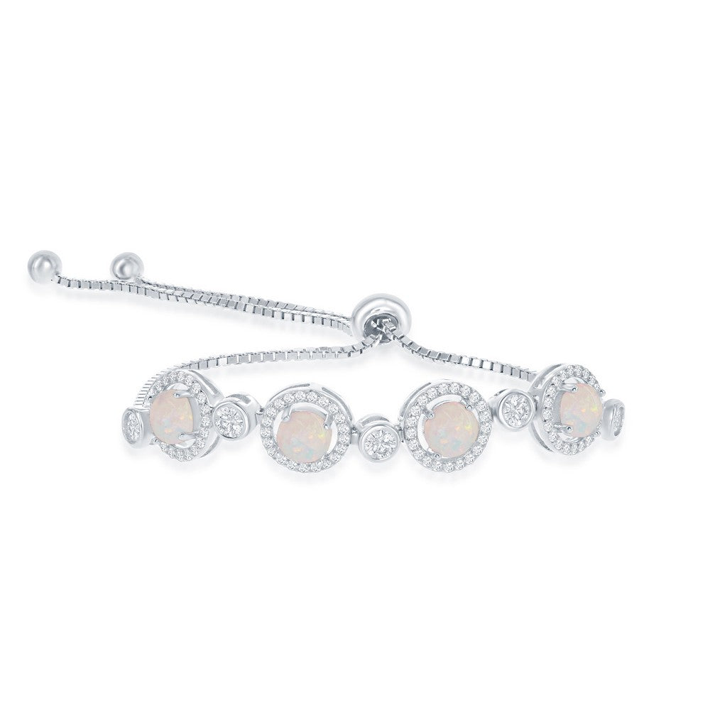 Sterling Silver Alternating Bezel-Set CZ & White Opal with CZ Border Bolo Bracelet