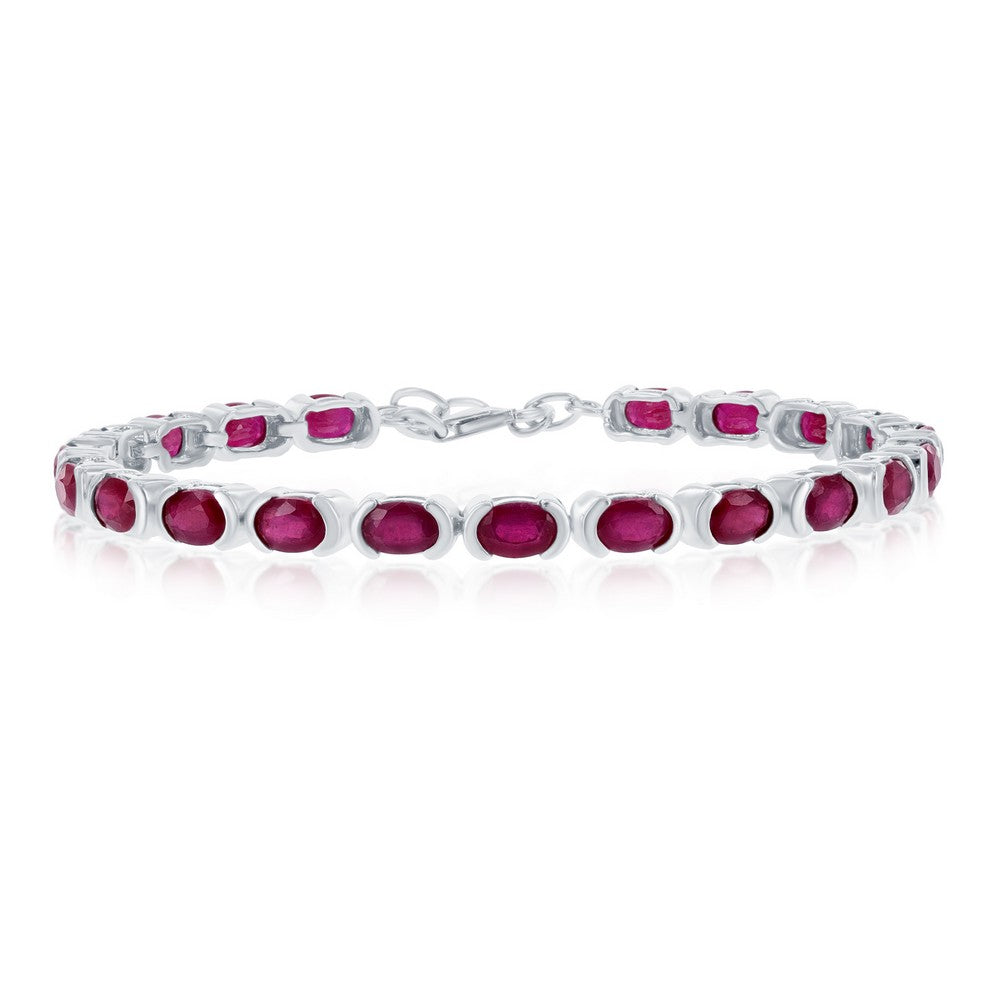 Sterling Silver 6x4mm Oval, Gem Tennis Bracelet, 14.5cttw Glass Filled Ruby