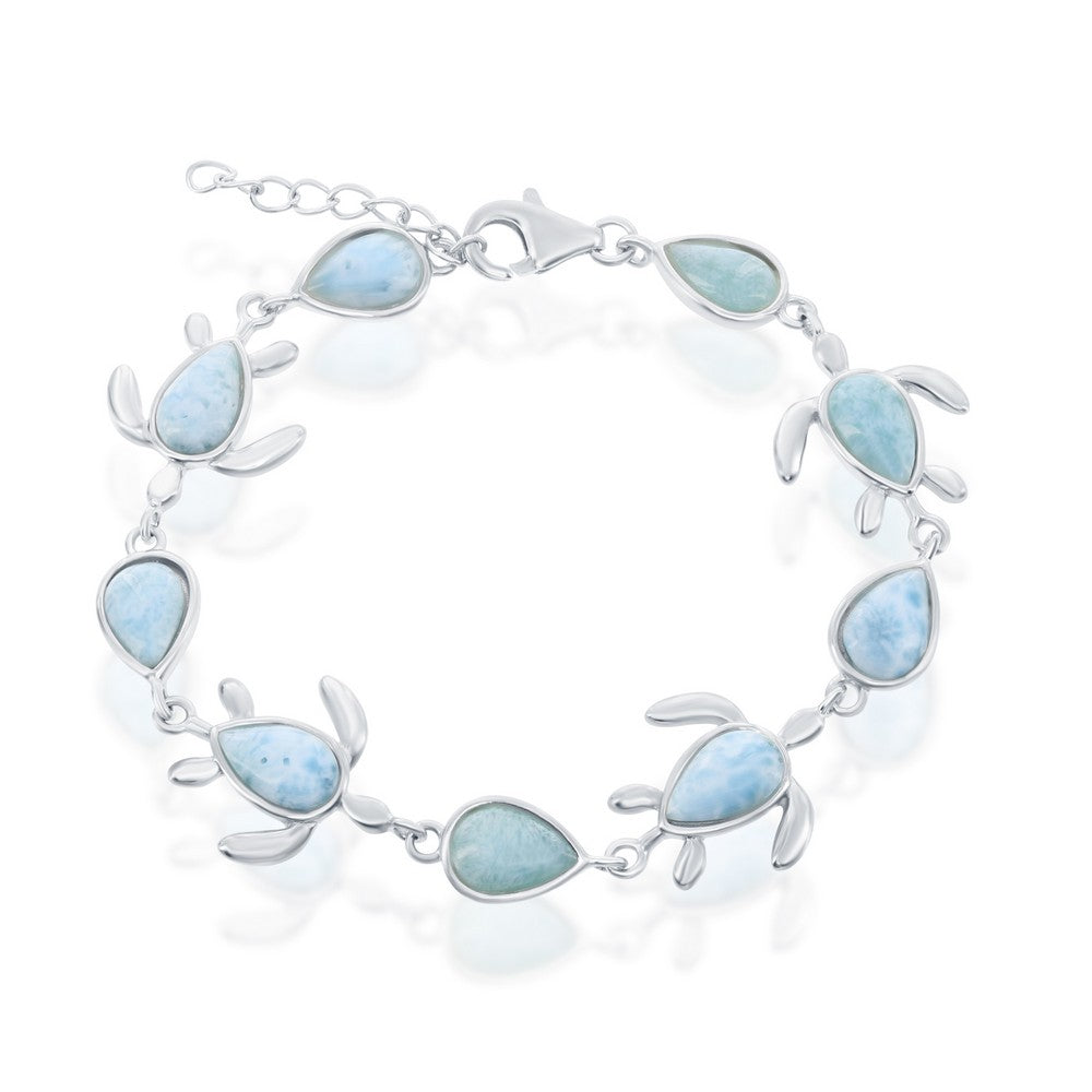 Sterling Silver Alternating Larimar Turtle and Pear-Shaped Bracelet
