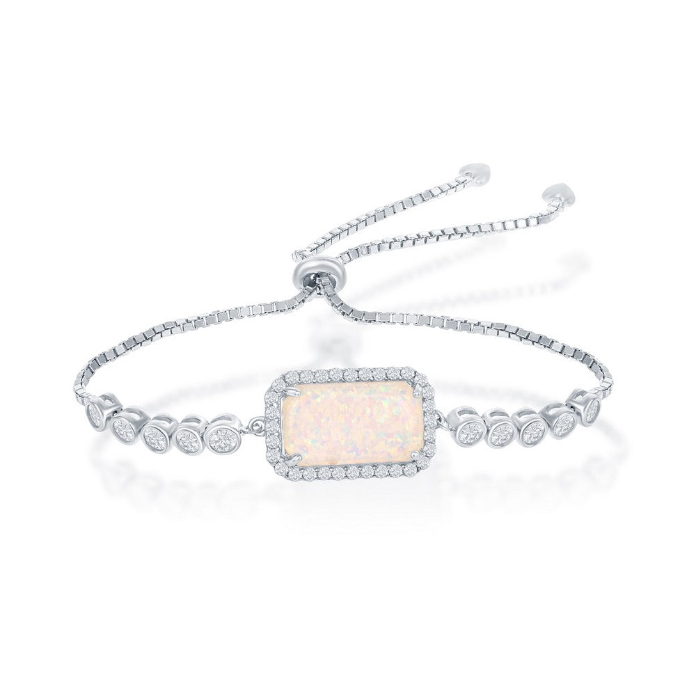 Sterling Silver Rectangle White Opal with CZ Border Adjustable Bolo Bracelet