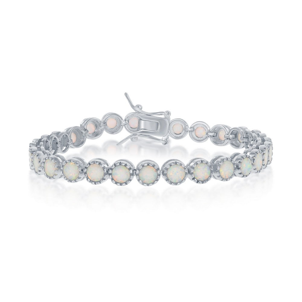 Sterling Silver Round White Inlay Opal With Beaded Border Tennis Bracelet