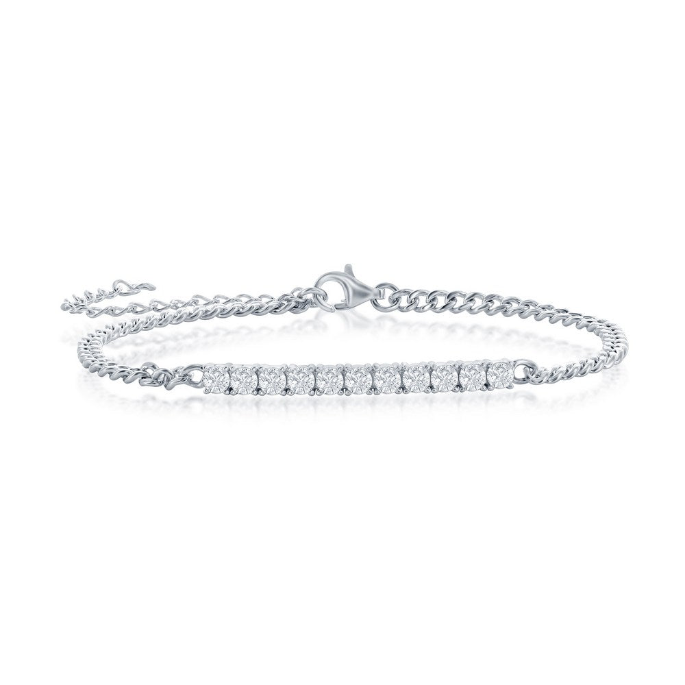 Sterling Silver CZ Bar Curb Chain Bracelet