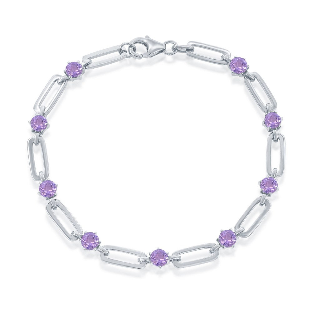 Sterling Silver 4.5mm Round 3.42cttw Gem, Paperclip Bracelet - Amethyst