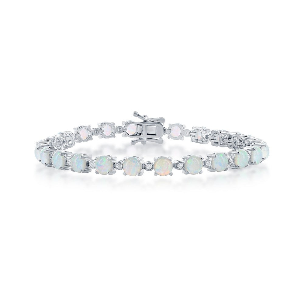 Sterling Silver, Alternating Round White Opal & CZ Tennis Bracelet