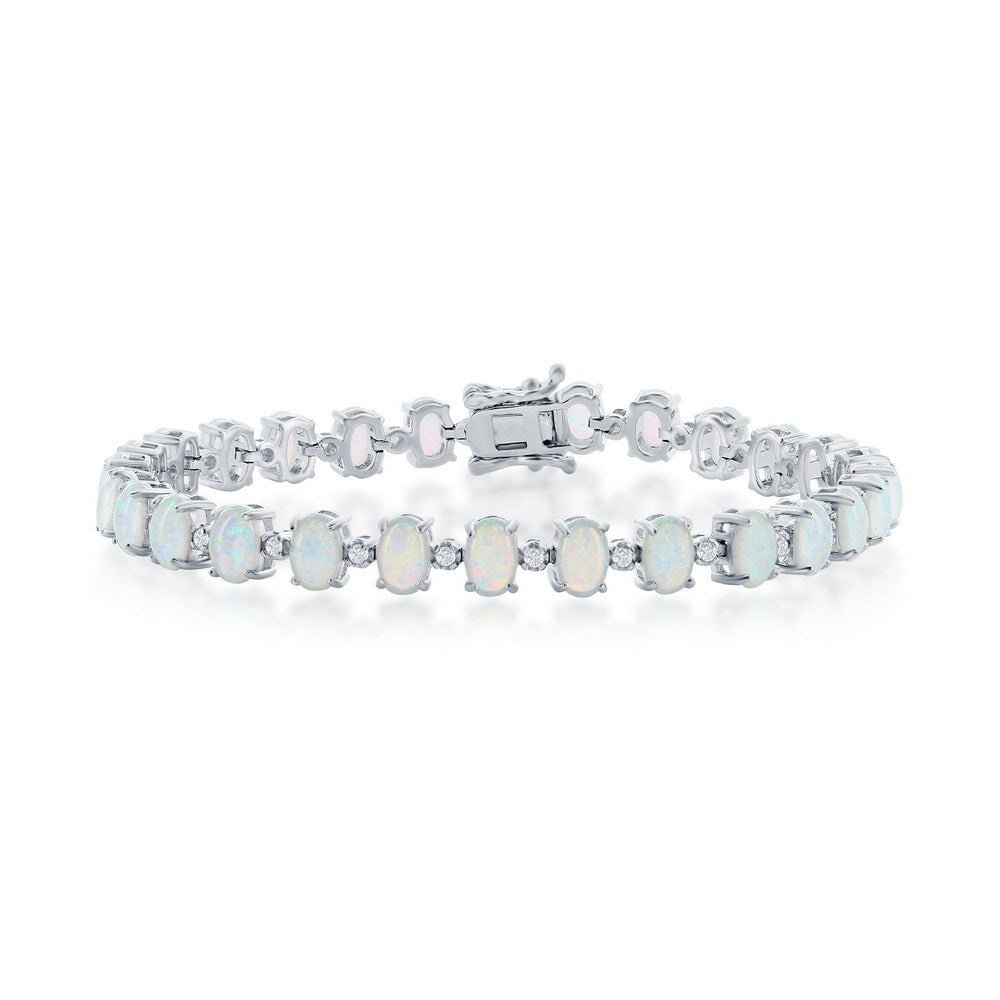 Sterling Silver, Alternating Oval White Opal & Small CZ Tennis Bracelet