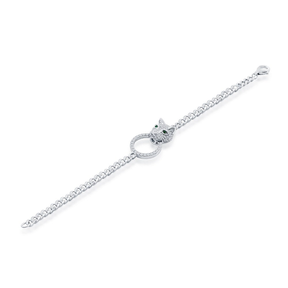 Sterling Silver CZ Emerald Eyes Panther, Circle CZ Bracelet