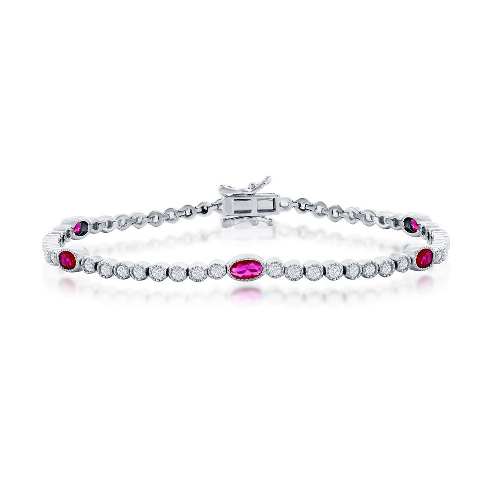 Sterling Silver Beaded Outline Round & Oval CZ Bracelet - Ruby