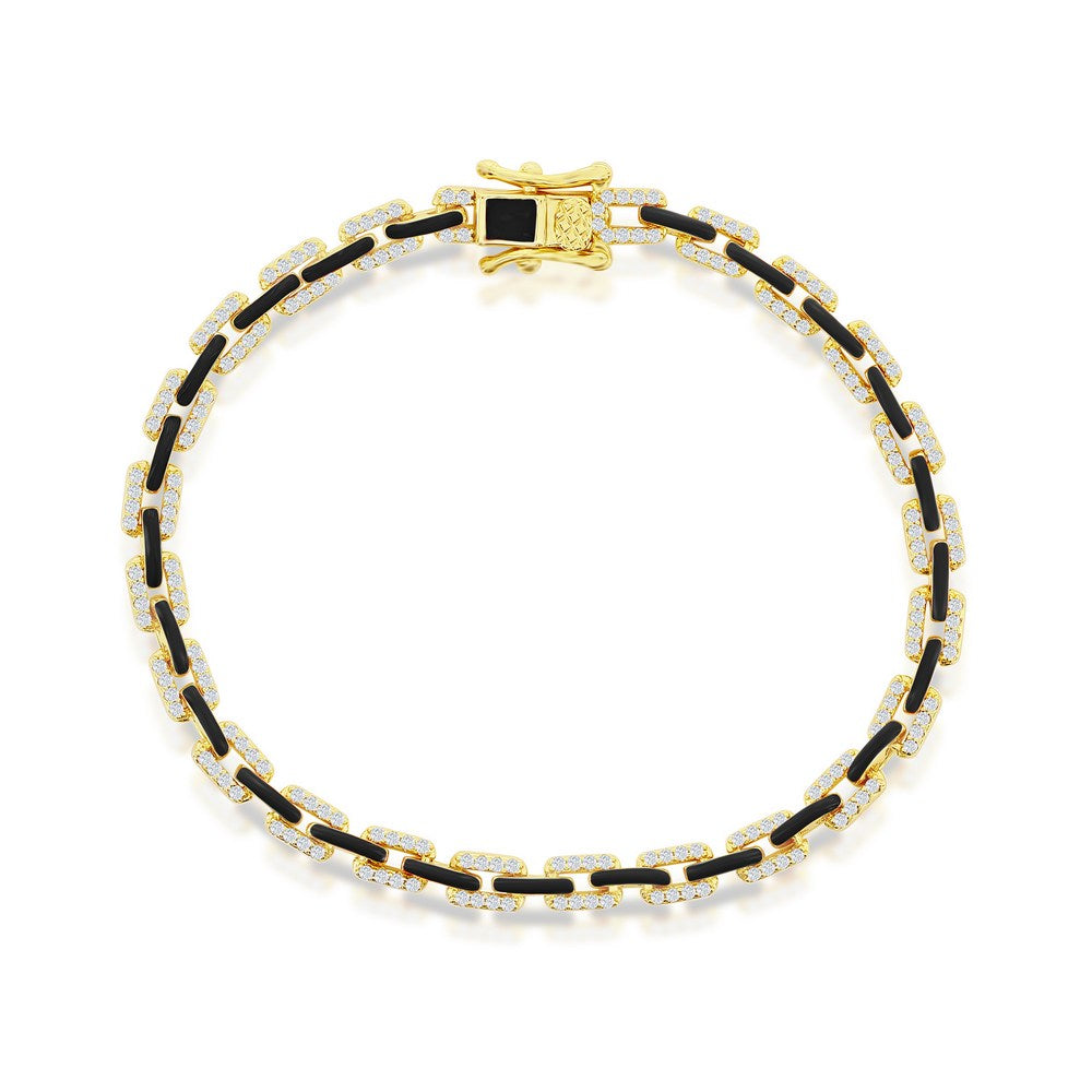 Sterling Silver Black Enamel & CZ Link Bracelet - Gold Plated