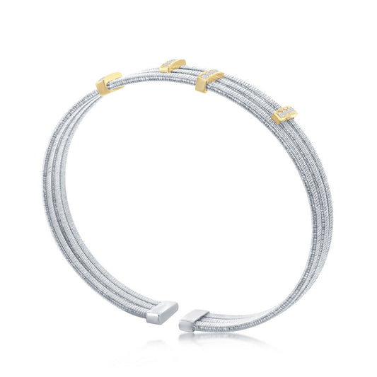 Sterling Silver CZ Bars Triple Wire Bangle, Bonded with 14K Gold Plating