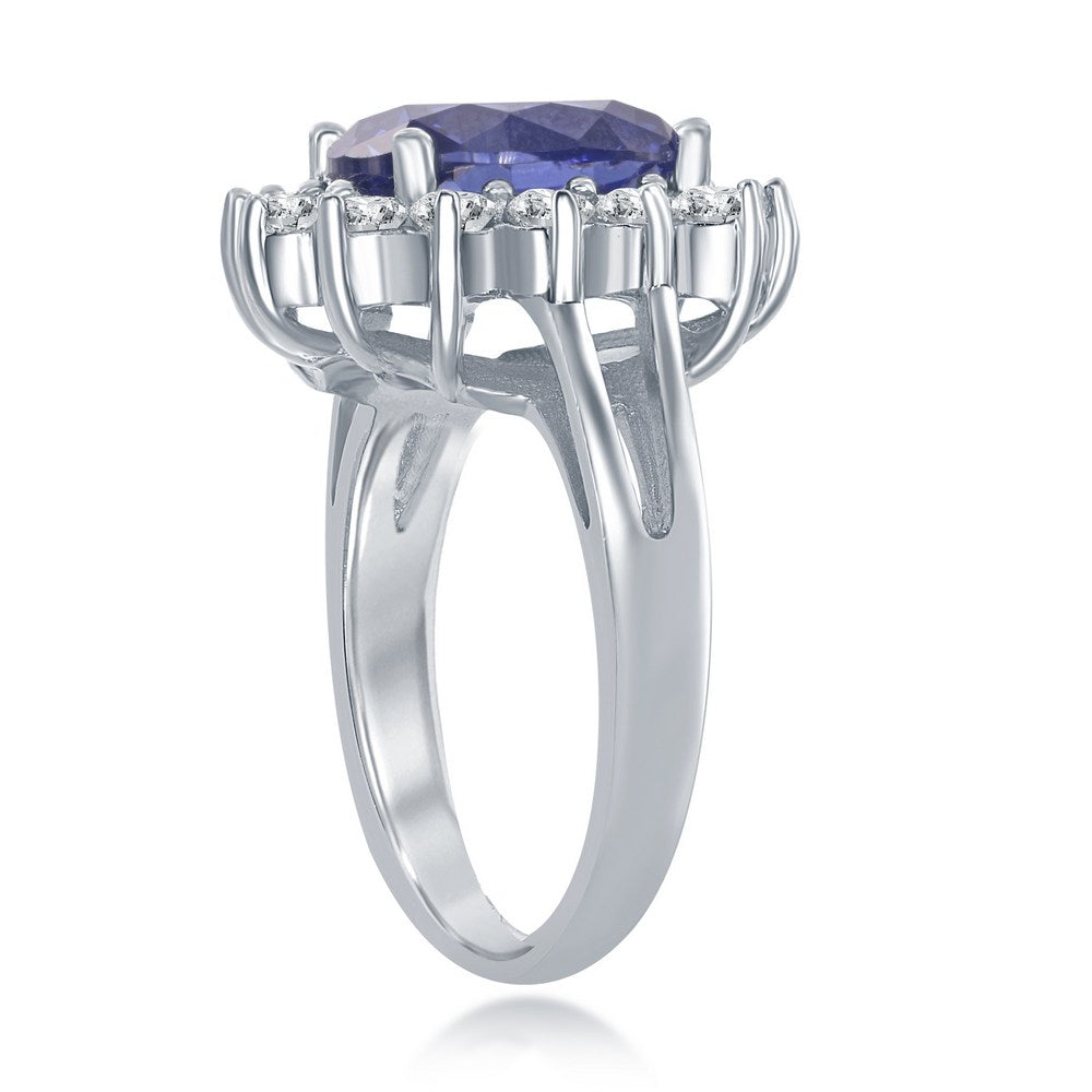 Sterling Silver Oval Tanzanite CZ with Clear CZ Border Stud Ring