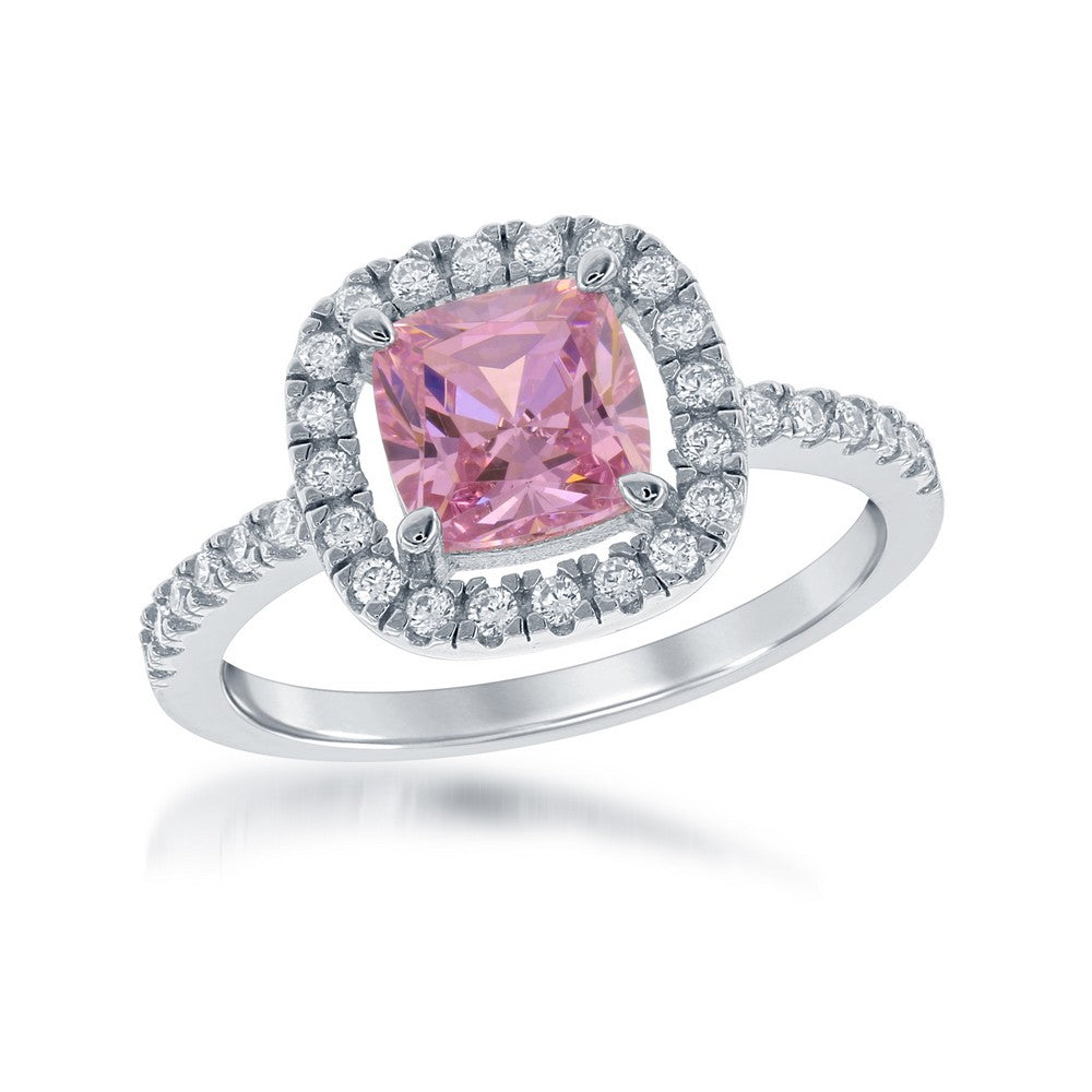 Sterling Silver White CZ Square Ring - Pink