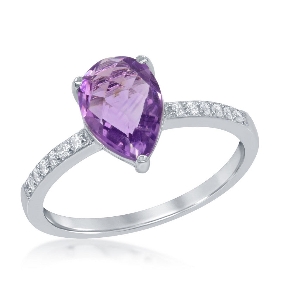 Sterling Silver White Topaz & Teardrop Gem Ring - Amethyst