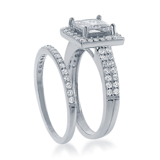 Sterling Silver Square Shaped CZ Engagement Ring Set