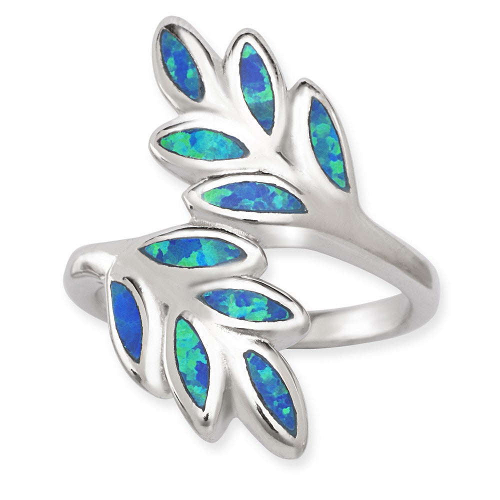 Sterling Silver Blue Inlay Opal Double Leaf Ring