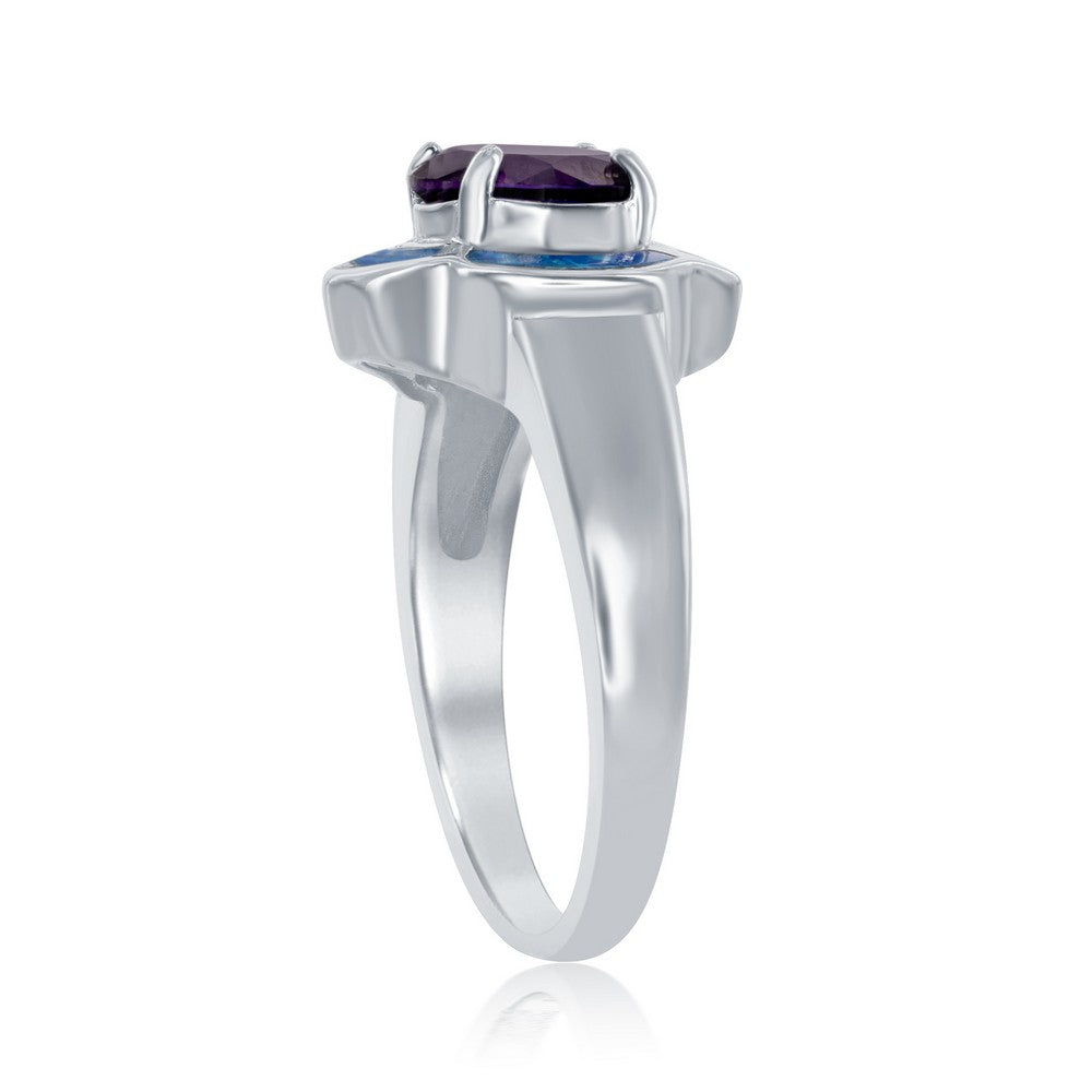 Sterling Silver Blue Inlay Opal Flower with Center Amethyst Ring