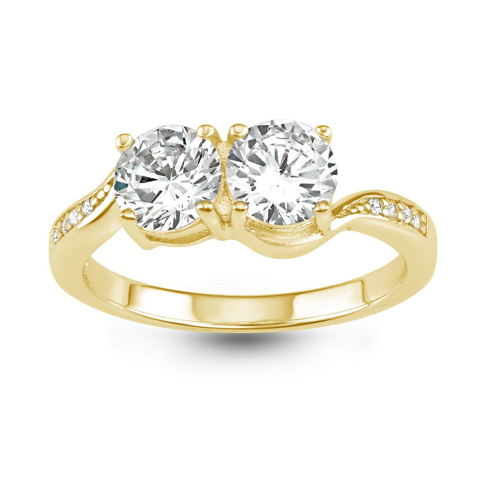 Sterling Silver GP "Us2gether" 6mm Round Two-Stone CZ with Half CZ Band Ring