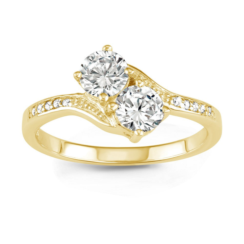 Sterling Silverc"Us2gether" 5mm Round Two-Stone CZ with Half CZ Band Ring - Gold Plated