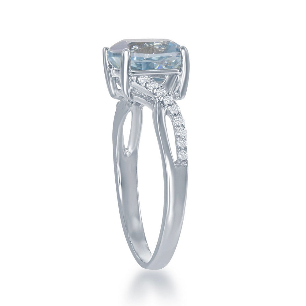 Sterling Silver Small Square Blue Topaz with White Topaz on Side Ring