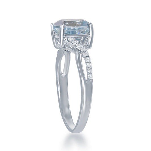 Sterling Silver Small Square Blue Topaz with White Topaz on Side Ring