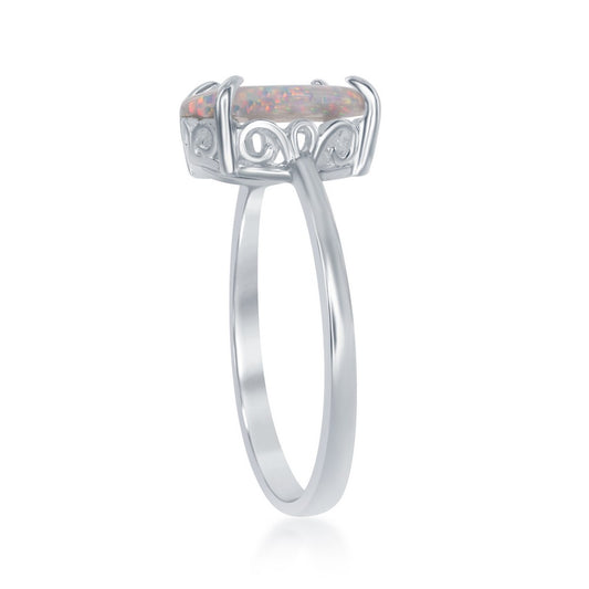 Sterling Silver Four-Prong White Inlay Opal Oval Ring