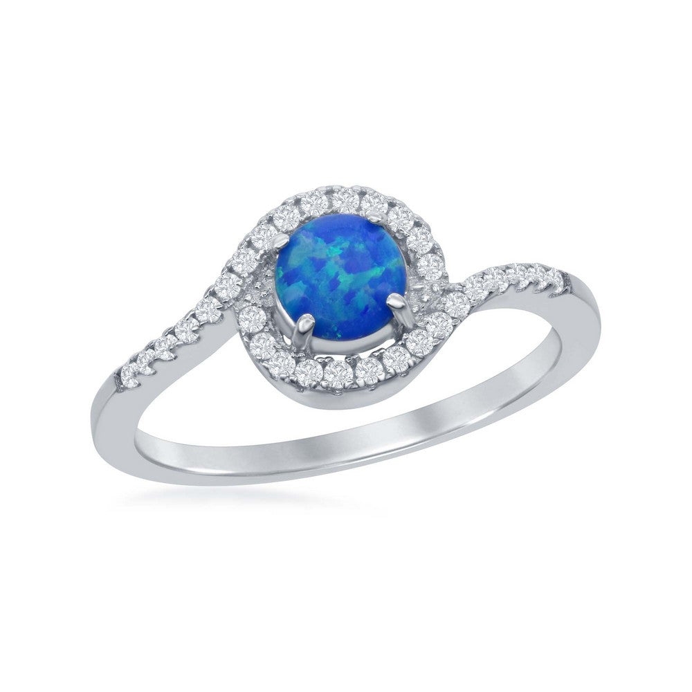 Sterling Silver Round Blue Inlay Opal with Half CZ Border Ring