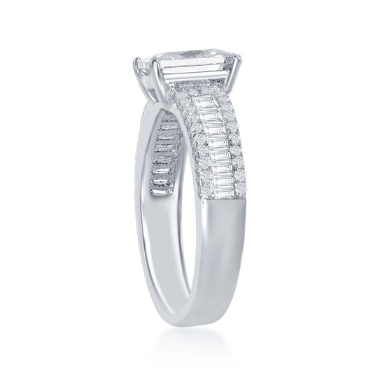 Sterling Silver Emerald Cut CZ Center w/ Half Baguette CZ Band Engagement Ring