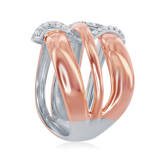 Sterling Silver Two-Tone Triple Wave Design Intertwined Micro Pave Ring