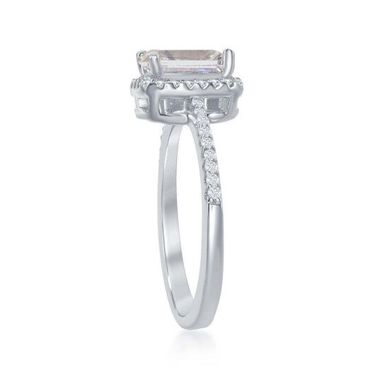 Sterling Silver Four-Prong White CZ with CZ Border Ring
