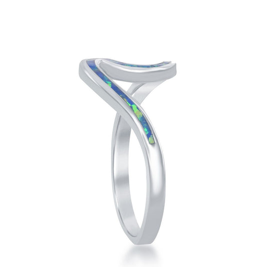 Sterling Silver Blue Inlay Opal Wave Design Ring