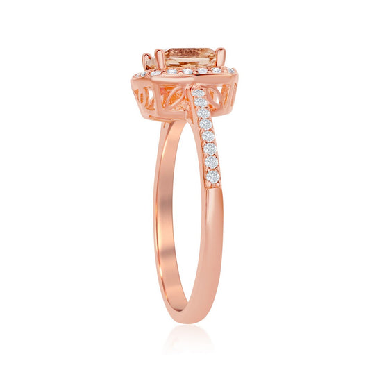 Sterling Silver Square Morganite CZ with White CZ Border Ring - Rose Gold Plated