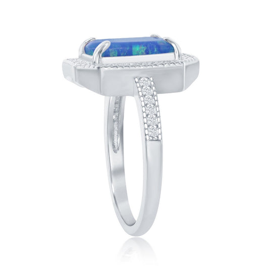 Sterling Silver Rectangle Blue Inlay Opal With Hexagon Shaped CZ Border Ring