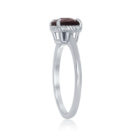 Sterling Silver Four-Prong Square Rope Design Ring - Garnet