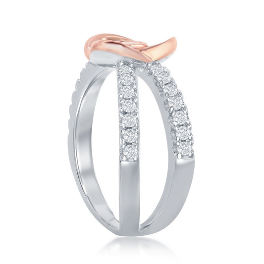 Sterling Silver Rose Gold Plated Flower Micro Pave Open Band Ring