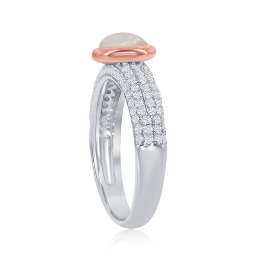 Sterling Silver Rose Gold Plated Oval Mother of Pearl Micro Pave Band Ring