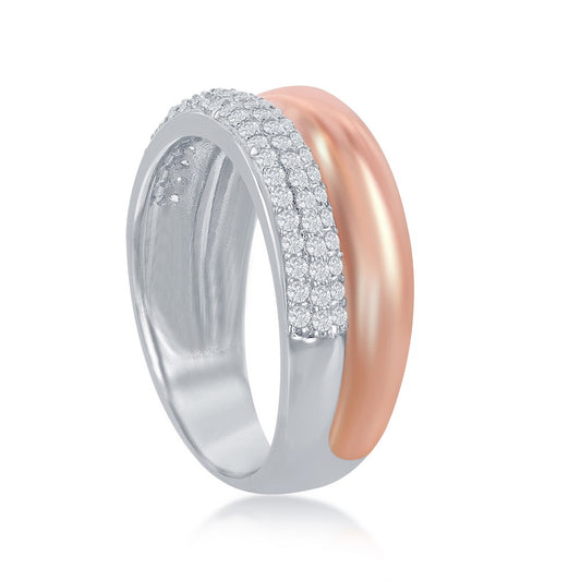 Sterling Silver Two-Tone Micro Pave Rose Gold Plated Double Band Ring