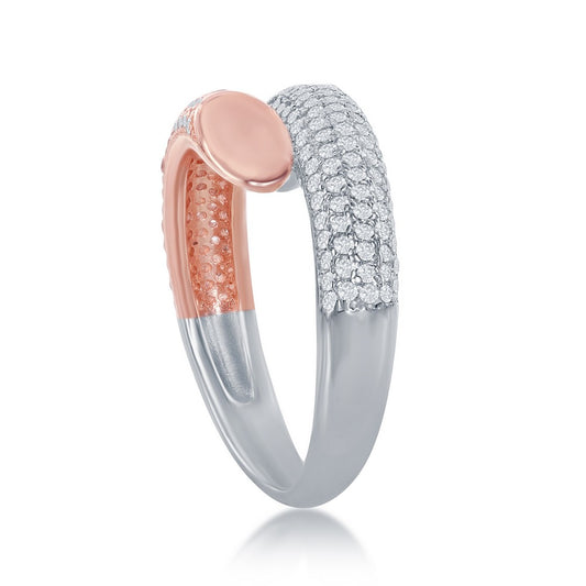 Sterling Silver Two-Tone Rose Gold Plated Micro Pave Bottom Flat Overlapping Ring