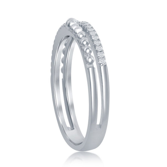Sterling Silver Half Beaded and Half CZ Double Band Ring