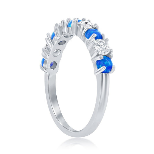 Sterling Silver White CZ & Blue Opal Band Ring