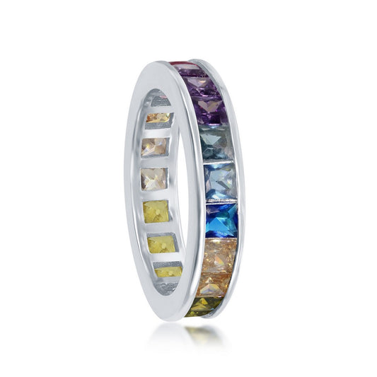 Sterling Silver Channel Set Rainbow CZ Eternity Band Ring