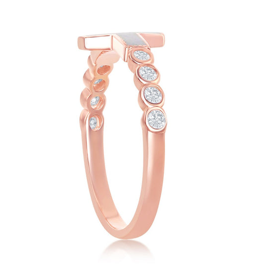 Sterling Silver White Inlay Opal Sideways Cross Half CZ Band Ring - Rose Gold Plated