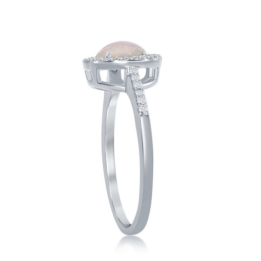 Sterling Silver Round White Opal with CZ Halo Ring