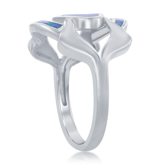 Sterling Silver Blue Inlay Opal Wide Designed Ring