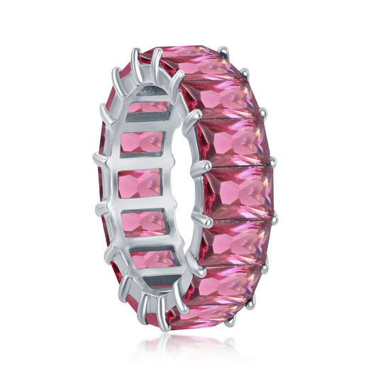 Sterling Silver 6mm Ruby CZ Emerald-Cut-Cut Eternity Band Ring