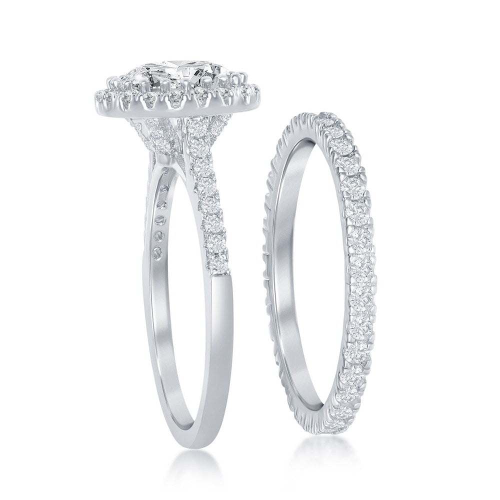 Sterling Silver French Set Round Halo Eternity Band and CZ Engagement Ring Set