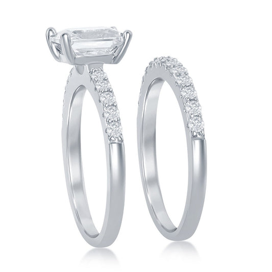 Sterling Silver Princess-Cut Half CZ Band Engagement Ring Set