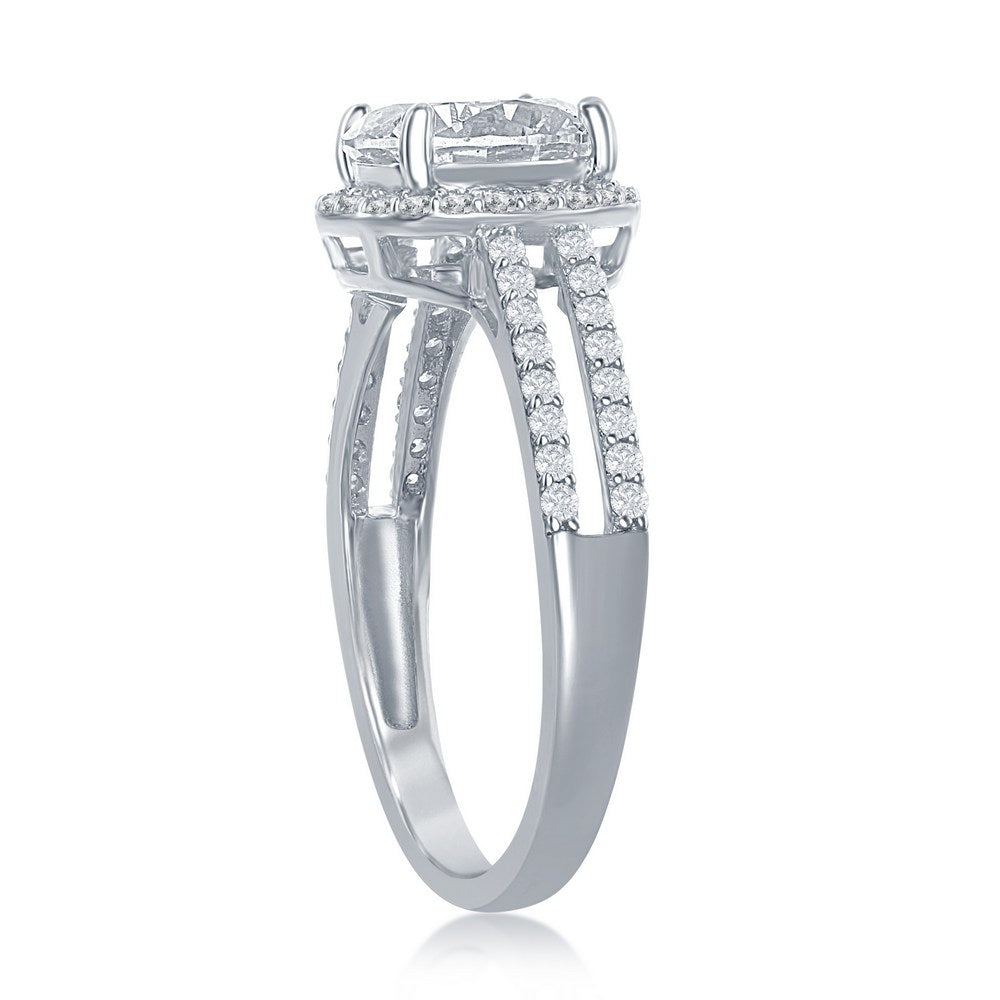 Sterling Silver Round Halo CZ Double Open Band Engagement Ring