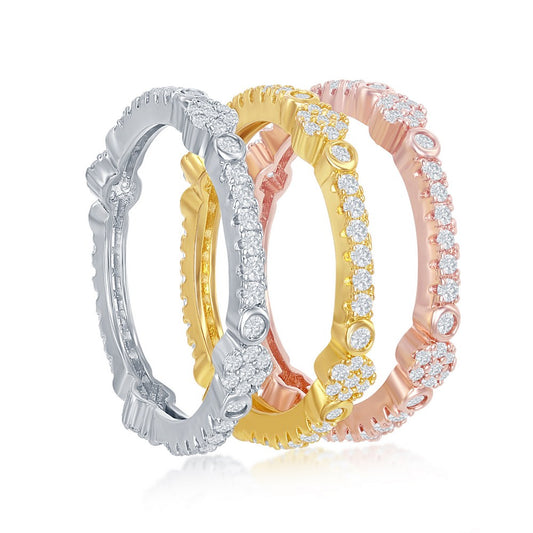 Sterling Silver Tri-Color CZ Designed Eternity Triple Band Ring